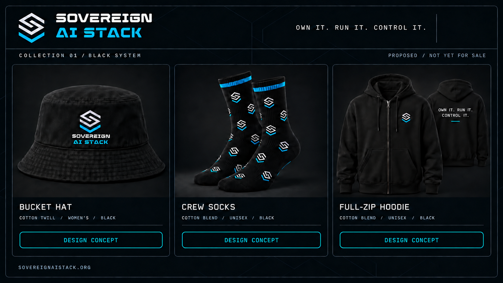 Concept board showing a black bucket hat, crew socks, and full-zip hoodie with the Sovereign AI Stack mark and Own it. Run it. Control it. line.
